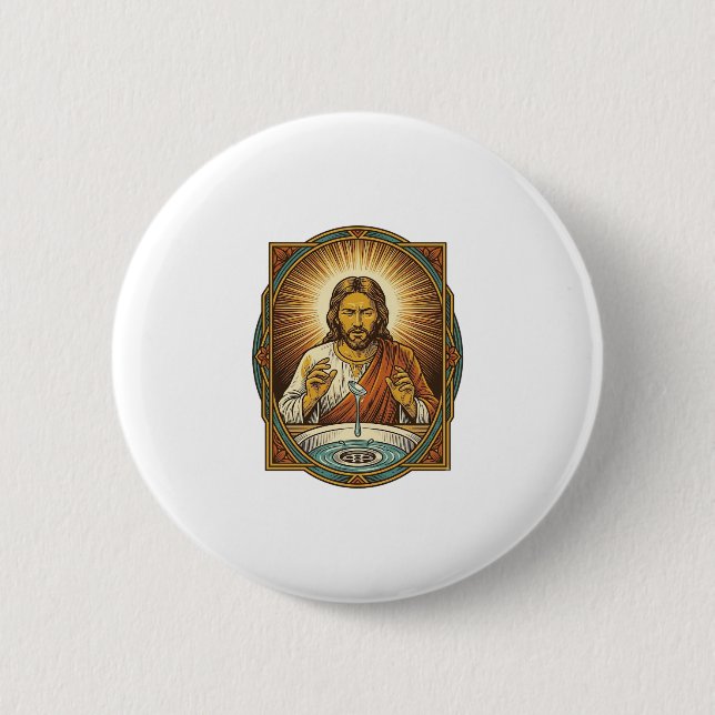Jesus hat Kontaktlinse in Badezimmerwaschbeckenabl Button (Vorderseite)