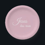 Jesus hat Pastel Pink Christlichen Ostern Pappteller<br><div class="desc">"Jesus hat aufgewachsen" geschrieben in elegantem weißen Skript wird den Ostertisch durch Glauben inspirieren. Diese hellrosa, modernen Script-Papier-Teller werden auf Ihrem Ostertisch großartig aussehen. Die massiv pastellrosa Farbe stammt aus dem Foto der Frühlingsfoto-Blume. Fügen Sie ein paar geschnittene Blume, ein paar Blüten und ein Glas für eine schicke, stilvolle Ostertafel...</div>