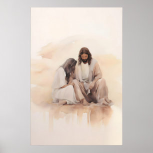 Jesus heilt die blutende Frau Aquarell Bibel Poster