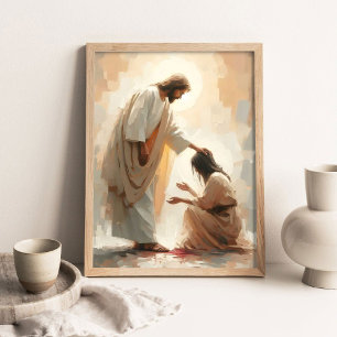 Jesus heilt die blutflüssige Frau, Christliche Mal Poster