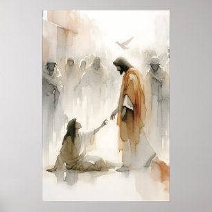 Jesus heilt die Frau Aquarell Bibel Wunder Poster