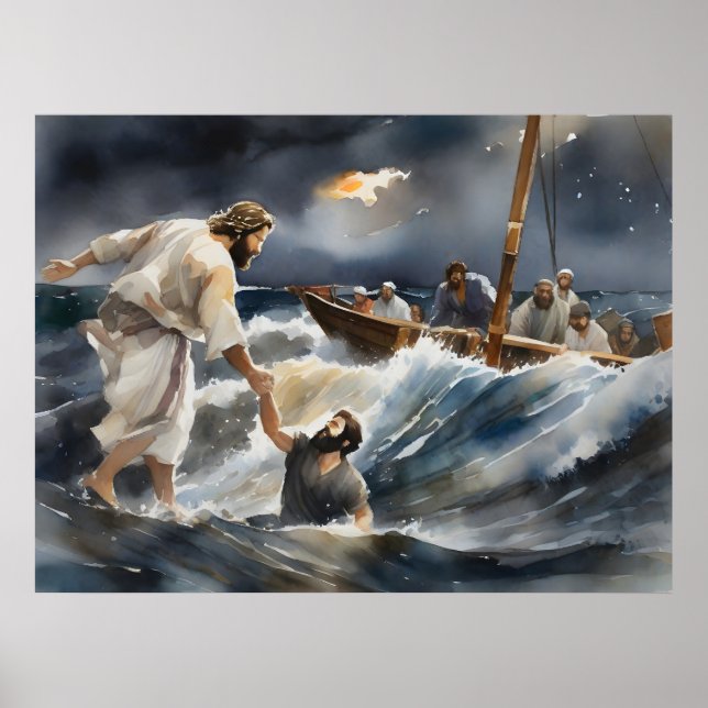 Jesus helft Peter aus dem Wasser Poster (Vorne)