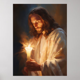 Jesus Holding Candle Art Poster