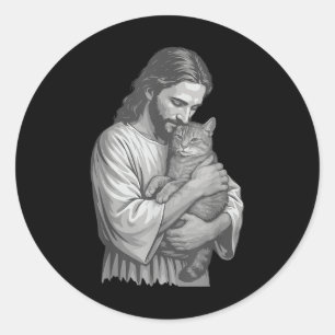 Jesus Holding Cat Runder Aufkleber