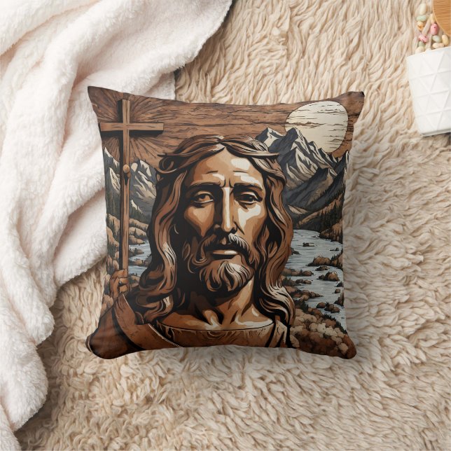 Jesus Holding Cross by Mountain River bei Sonnenun Kissen (Decke)