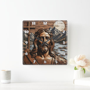 Jesus Holding Cross by Mountain River bei Sonnenun Quadratische Wanduhr