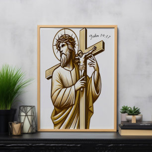 Jesus Holding Gold Cross in Hingabe Poster