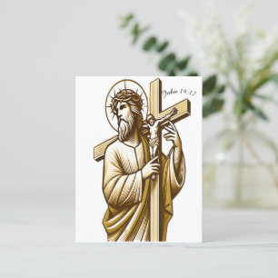 Jesus Holding Gold Cross in Hingabe Postkarte