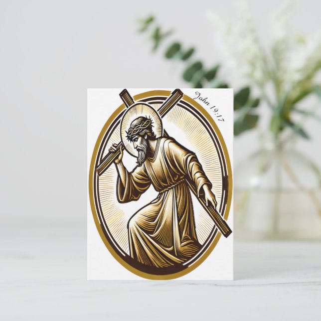 Jesus Holding Gold Cross rückwärtig Postkarte (Stehend Vorderseite)