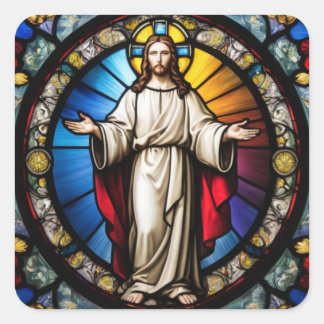 Jesus im Buntglasstil Quadratischer Aufkleber