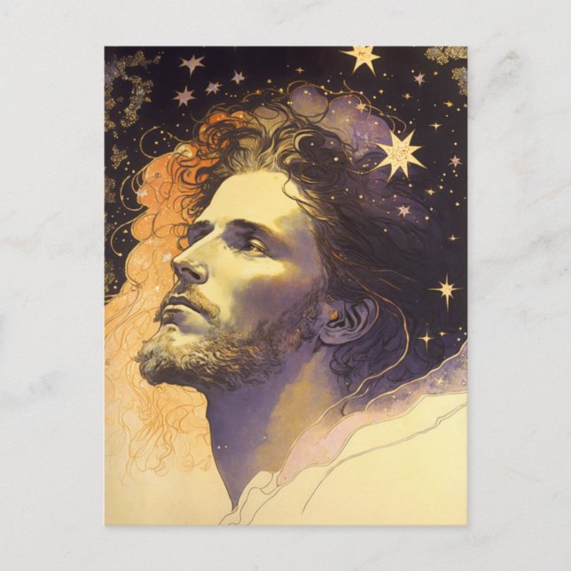 Jesus im Kosmos von Mucha AI Generated Art Postkarte (Vorderseite)