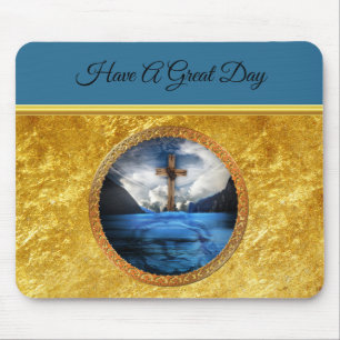 Jesus im Meer mit einem Holzkreuz und Goldfolie Mousepad