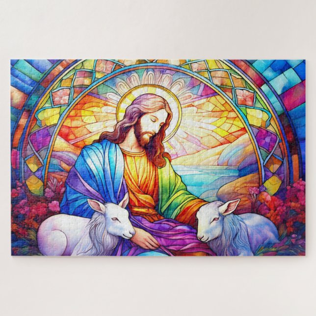 Jesus in Bleiglas in Aquarell Puzzle (Horizontal)