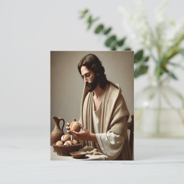 Jesus in Einsamkeit Breaking Heiliges Brot Postkarte (Stehend Vorderseite)