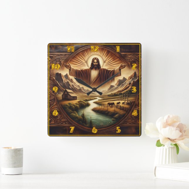 Jesus in majestätischer Landschaft bei Sonnenaufga Quadratische Wanduhr (Zuhause)