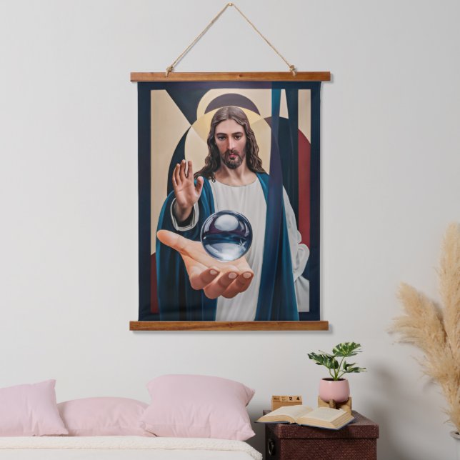 Jesus in neokubistischer Elegance Modernes Abstrak Wandteppich Mit Holzrahmen (Schlafzimmer)