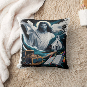 Jesus inmitten von Wellen und Schatz in der Nähe e Kissen