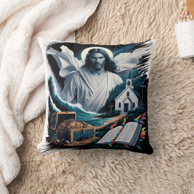 Jesus inmitten von Wellen und Schatz in der Nähe e Kissen (Decke)