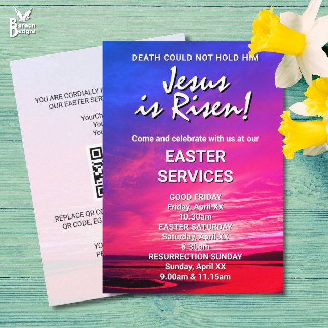 JESUS IST AUFERSTANDEN Individuelle Oster-GOTTESDI Einladung (Vibrant JESUS IS RISEN invitation for Easter Church Services. All text is customizable. )