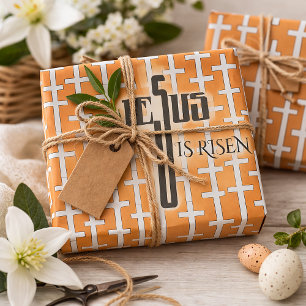 Jesus ist auferstanden _retro orange Kreuz Ostern Geschenkpapier