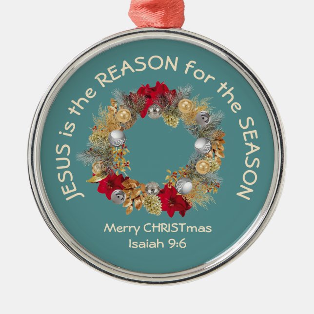 JESUS IST DER GRUND FÜR blaues Weihnachten Ornament Aus Metall (Vorne)