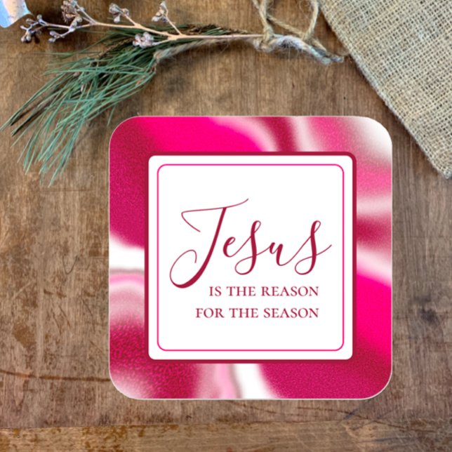Jesus ist der Grund für die Coole Candy Cane Red W Quadratischer Aufkleber (Jesus Christmas sticker for Christmas envelopes. Jesus is the reason for the season. Christian faith)