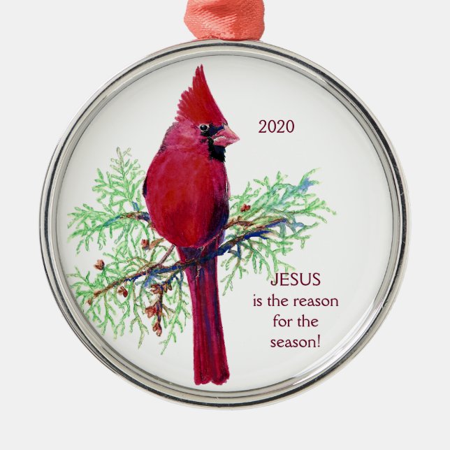 JESUS ist der Grund für die Saison Dated Kardinal Silbernes Ornament (Vorne)
