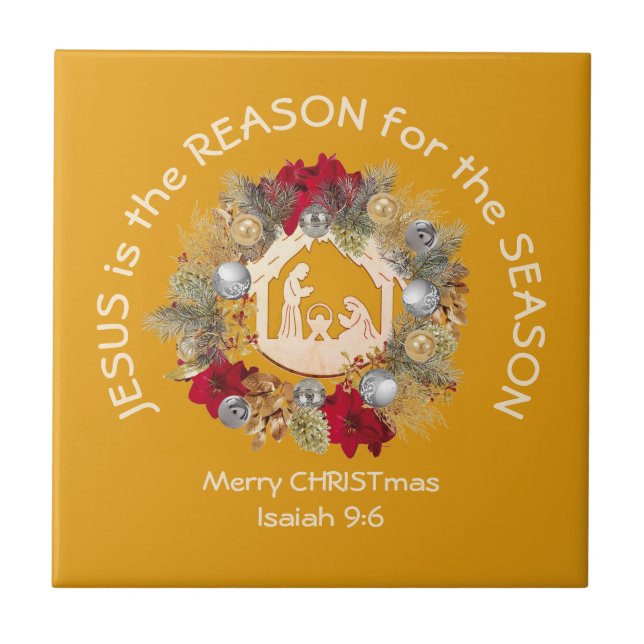 JESUS IST DER GRUND, Yellow Christliche Weihnachts Fliese (Vorderseite)