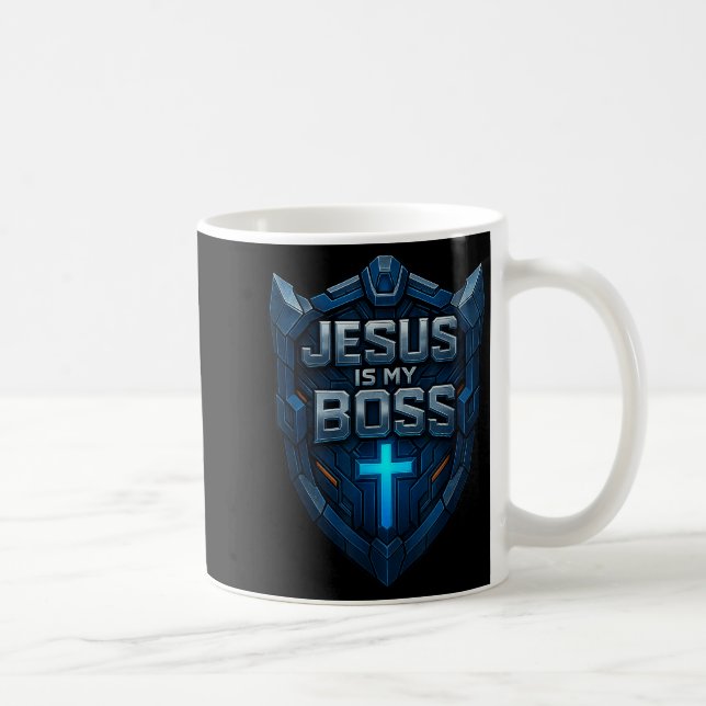 Jesus ist mein Chef Christlicher Schild Superheld  Kaffeetasse (Rechts)