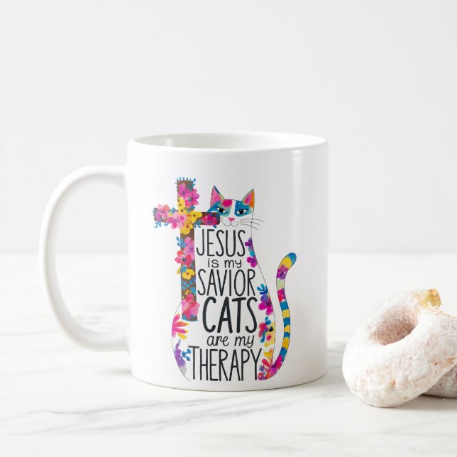 Jesus ist meine Retter Katzen sind meine Therapie  Kaffeetasse (Mit Donut)