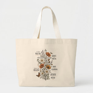 Jesus ist nah Florales Kreuz Christliches T-Shirt Jumbo Stoffbeutel