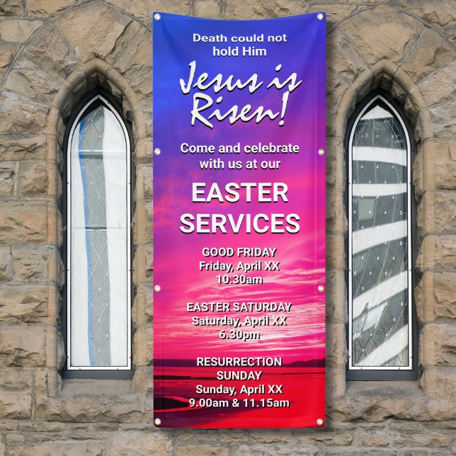 JESUS IST RISEN Custom Oaster CHURCH SERVICES Banner (Vibrant JESUS IS RISEN Easter banner for church services. Fully customizable. Matching invites.)