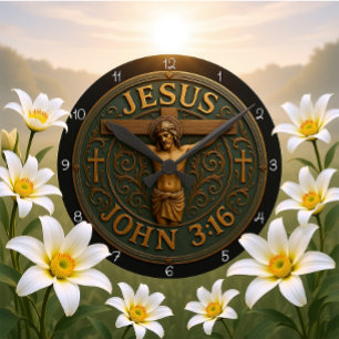 Jesus Johannes 3:16 Metallkreuz Runde Wanduhr