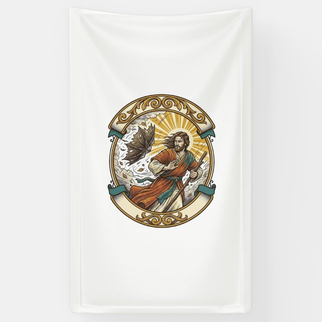Jesus kaputter Regenschirm umgeblasen Windiger Stu Banner (Vertikal)