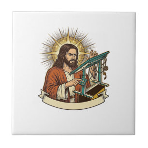 Jesus kaputter Stehschreibtisch steckt auf halbem  Fliese