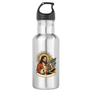 Jesus kaputter Stehschreibtisch steckt halb im Bür Edelstahlflasche