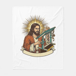 Jesus kaputter Stehschreibtisch steckt halb im Bür Fleecedecke