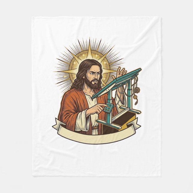 Jesus kaputter Stehschreibtisch steckt halb im Bür Fleecedecke (Vorderseite)