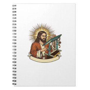 Jesus kaputter Stehschreibtisch steckt halb im Bür Notizblock