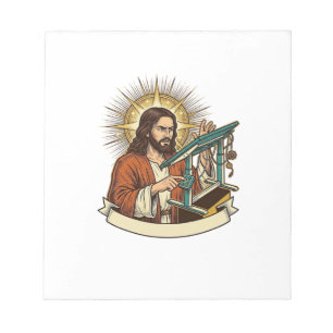 Jesus kaputter Stehschreibtisch steckt halb im Bür Notizblock