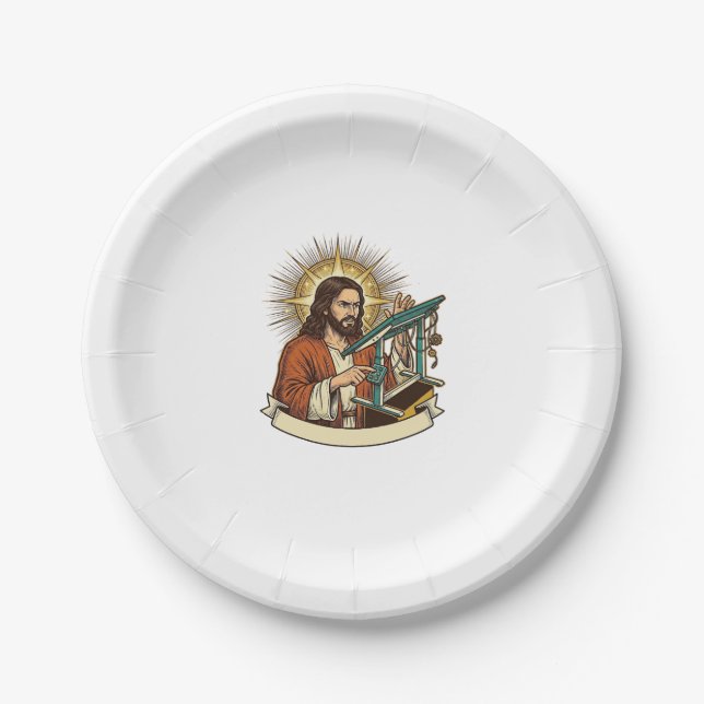 Jesus kaputter Stehschreibtisch steckt halb im Bür Pappteller (Vorderseite)