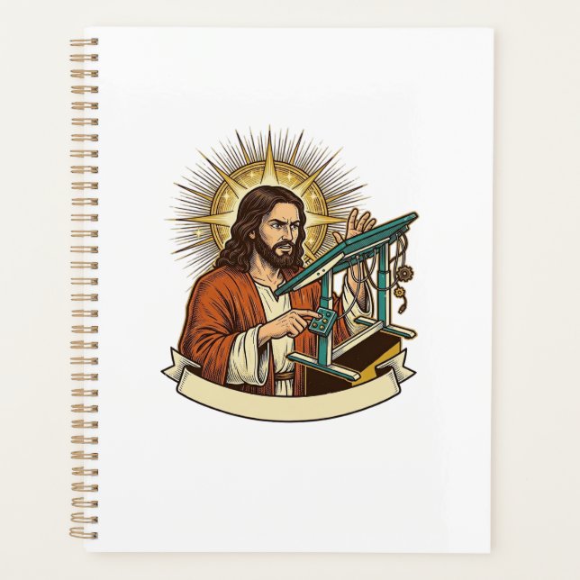Jesus kaputter Stehschreibtisch steckt halb im Bür Planer (Vorderseite)