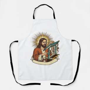 Jesus kaputter Stehschreibtisch steckt halb im Bür Schürze