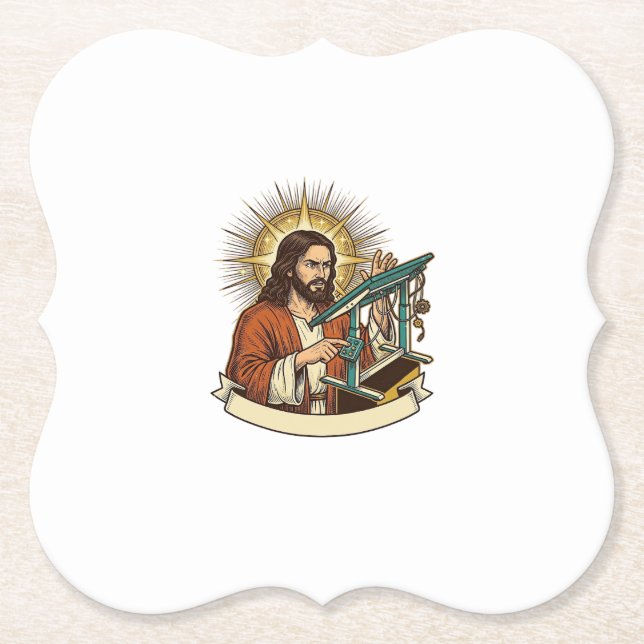 Jesus kaputter Stehschreibtisch steckt halb im Bür Untersetzer (Vorderseite)