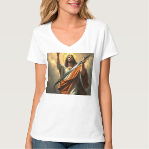 Jesus kehrt mit einem Schwert Frauen V Neck T-Shir T-Shirt
