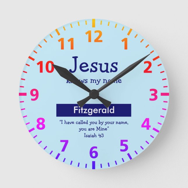 JESUS KENNT MEIN NAMEN Niedlich Blue Personalisier Runde Wanduhr (Vorderseite)