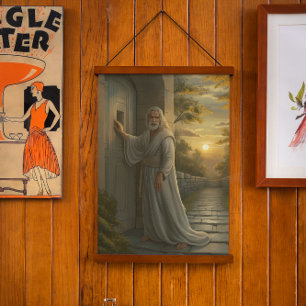 Jesus klopft an einer rustikalen Tür Wandteppich Mit Holzrahmen