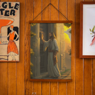 Jesus klopft an einer rustikalen Tür Wandteppich Mit Holzrahmen