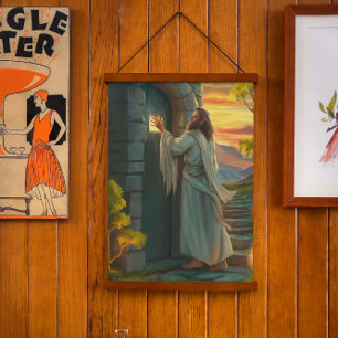 Jesus klopft an einer rustikalen Tür Wandteppich Mit Holzrahmen