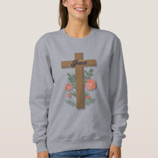 Jesus Kreuz mit Korallenblumen Wortkunst Sweatshirt